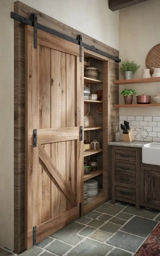 Rustic barnwood pantry with sliding door and open shelving for storage.