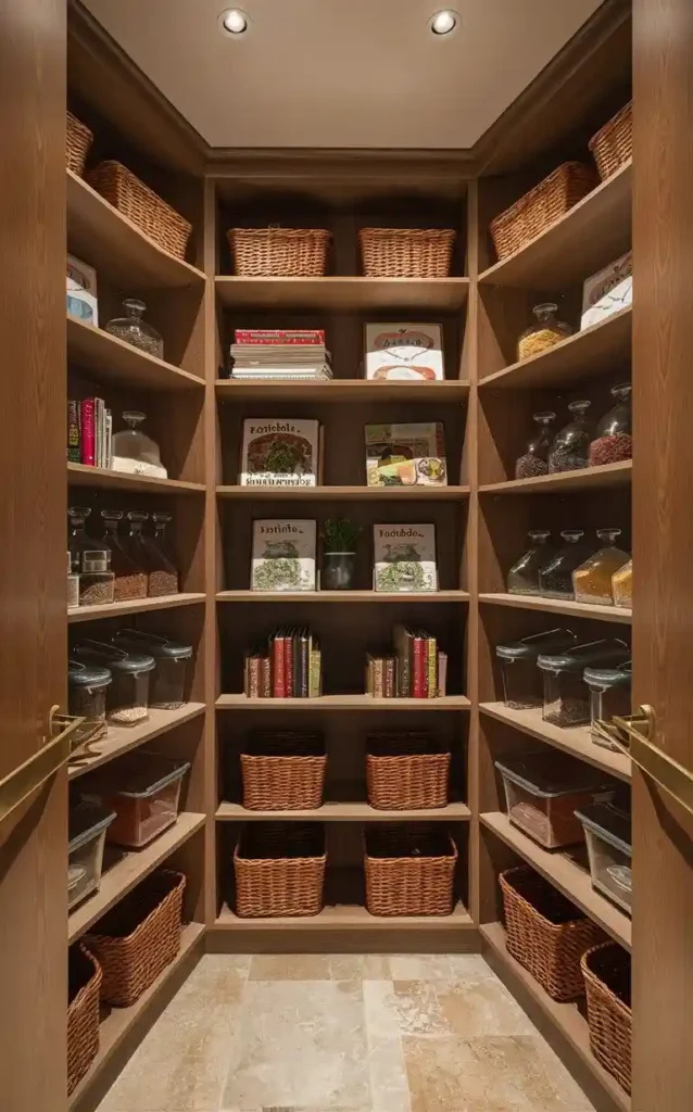 Organized pantry with rustic open cabinetry and various storage containers.