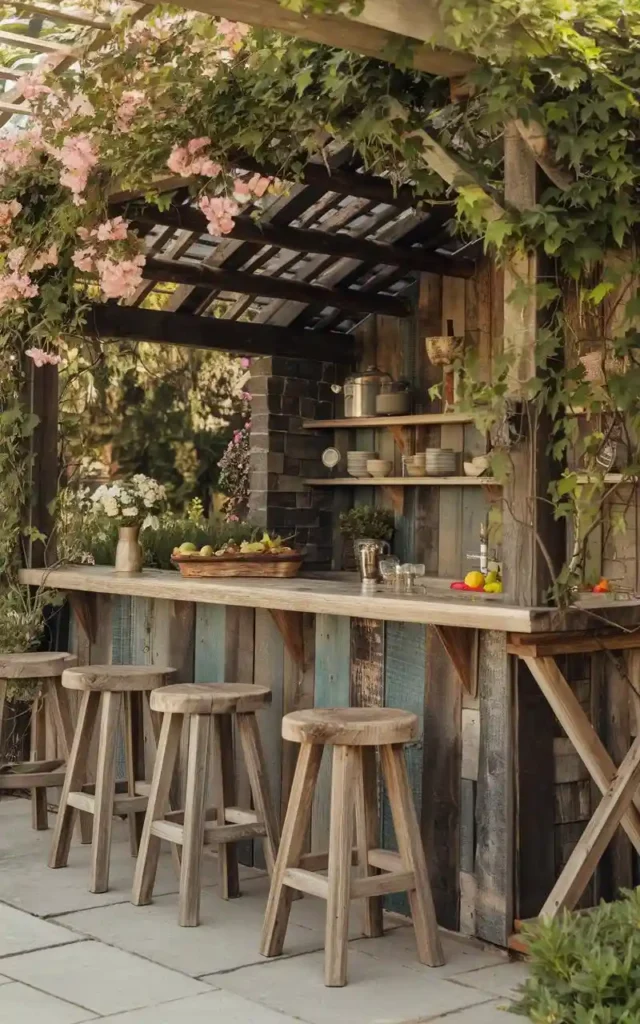 Charming rustic wooden bar with natural wooden stools, floral decor, and a relaxed outdoor setting.