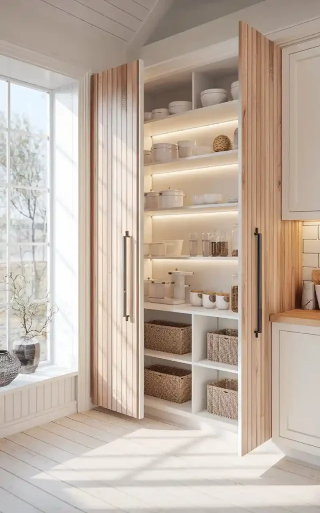 Scandinavian minimalist pantry with wooden doors and soft LED lighting.