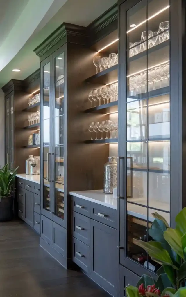 Modern kitchen with sleek glass cabinets showcasing wine and glassware.