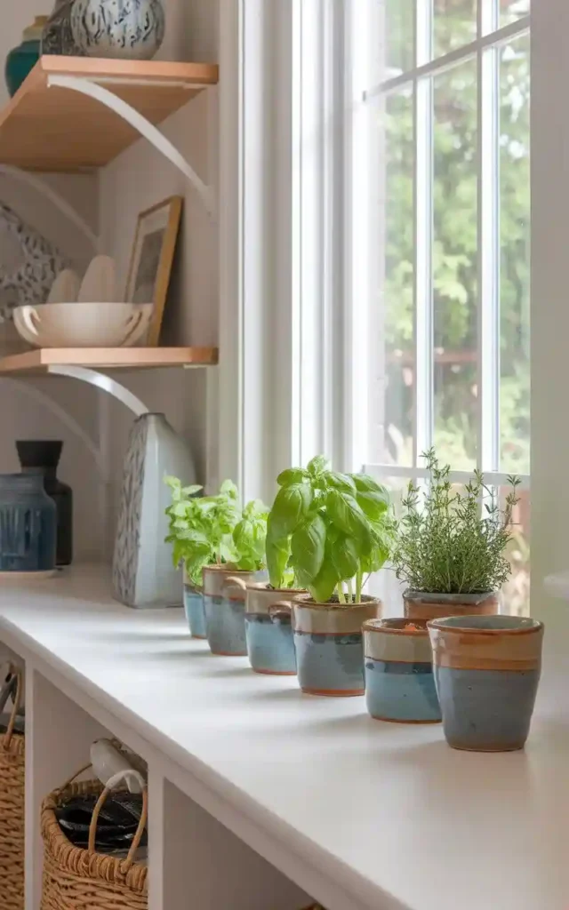 Small herb garden on a window sill with potted basil, rosemary, and decorative containers.