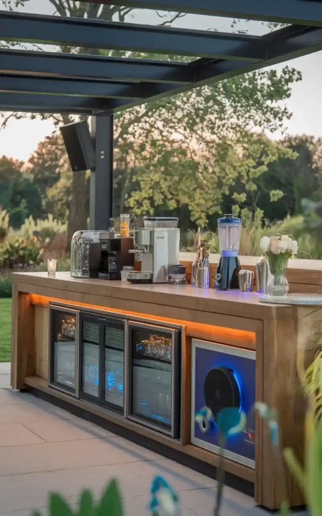 Smart outdoor bar with advanced appliances, including a coffee machine, fridges, and an integrated sound system for a high-tech experience.