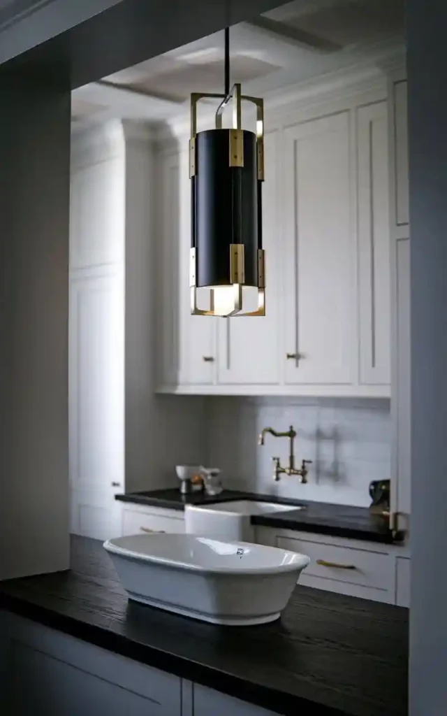 Modern kitchen featuring statement lighting above the sink and countertop.