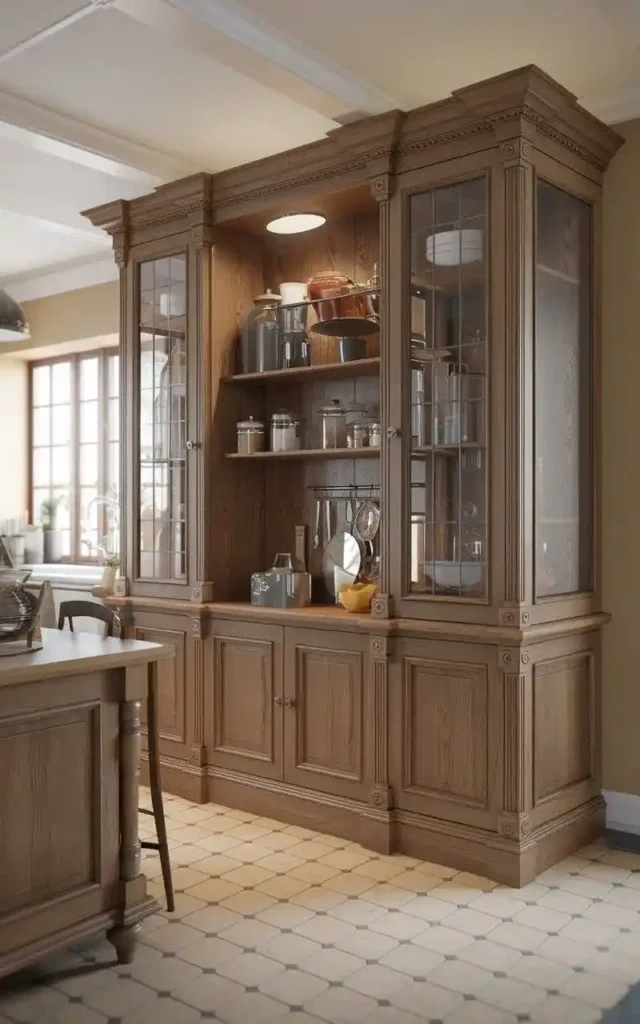 Traditional oak pantry with glass doors and elegant wood detailing.