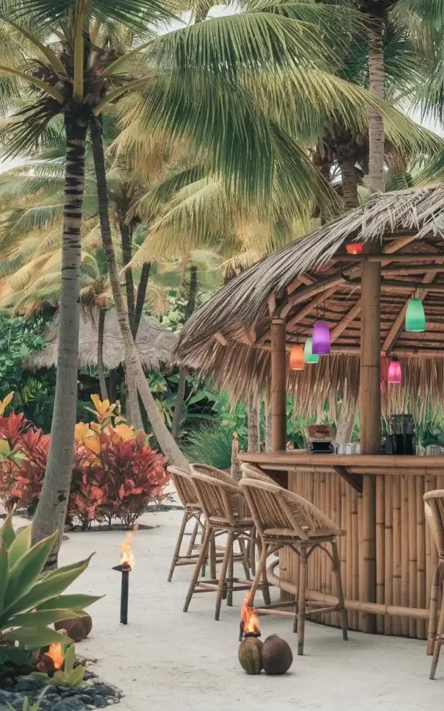 Tropical beach bar surrounded by palm trees, colorful hanging lights, and tiki torches for a paradise-like setting.