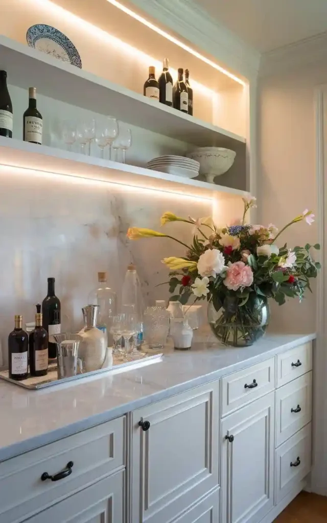 Kitchen with under-cabinet lighting illuminating countertops and shelves.