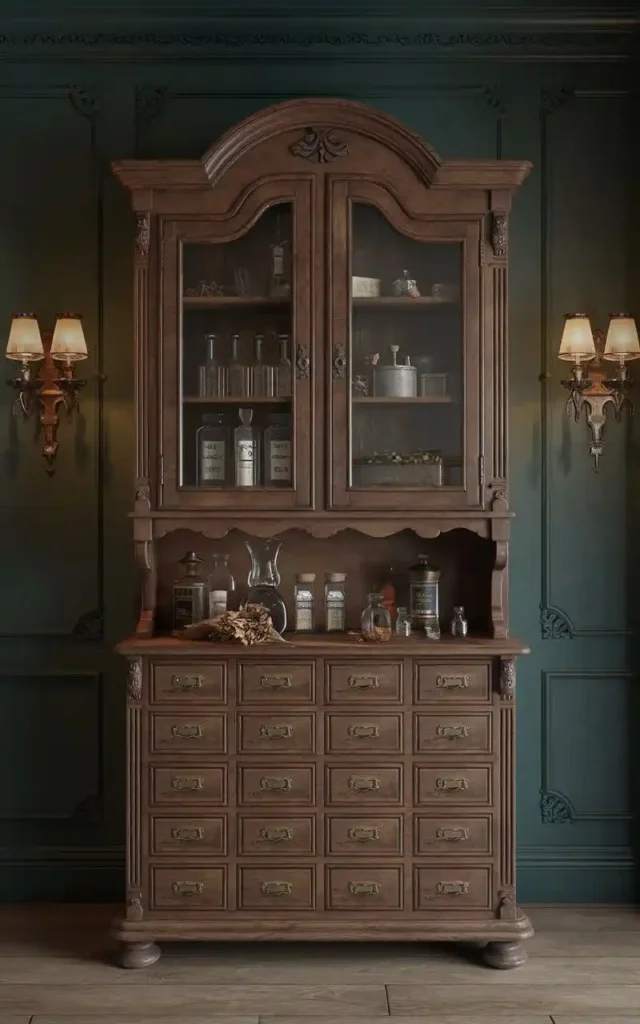 Vintage apothecary-style pantry with glass doors and multiple drawers.