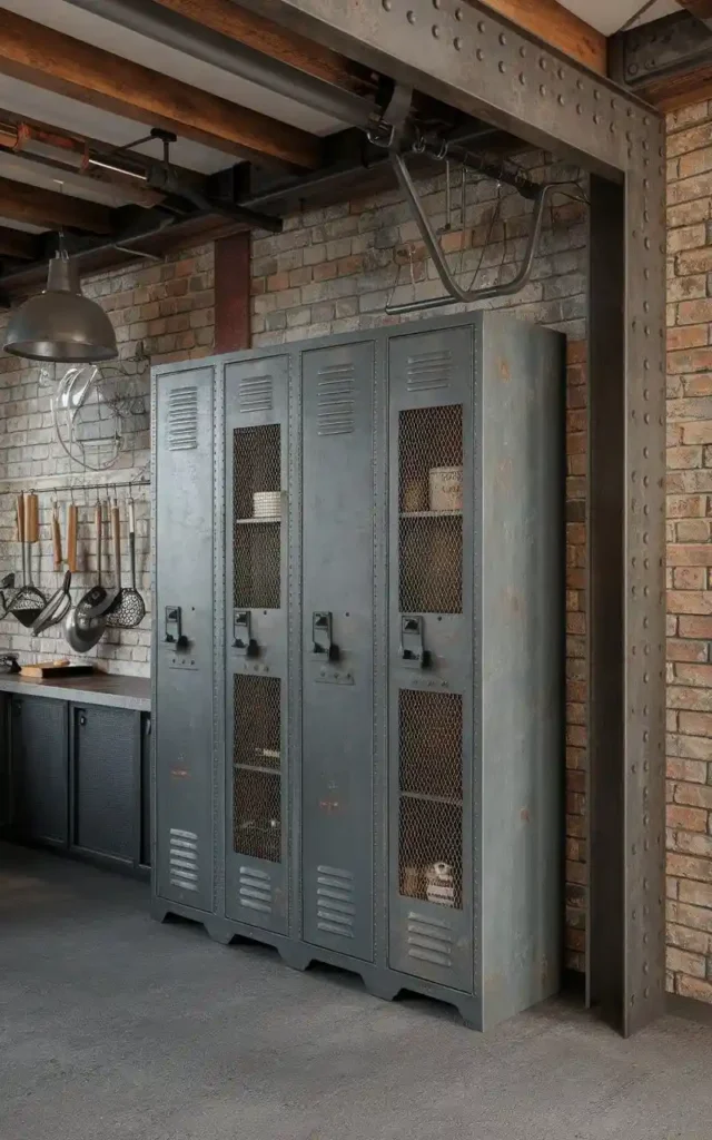 Vintage industrial locker pantry with metal construction and mesh doors.