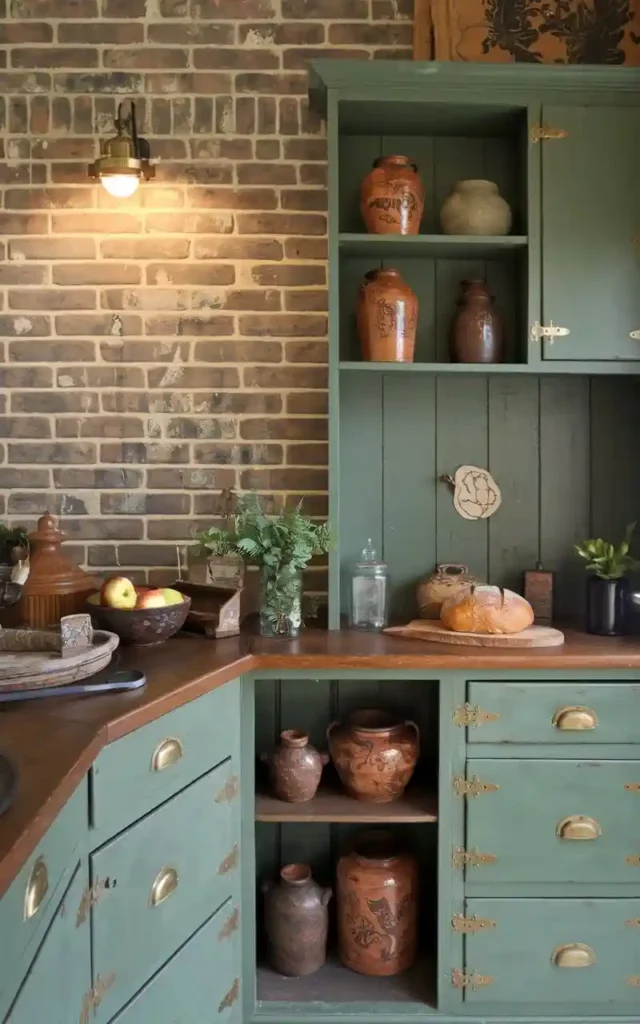 Vintage-inspired kitchen featuring green cabinetry and rustic decor.