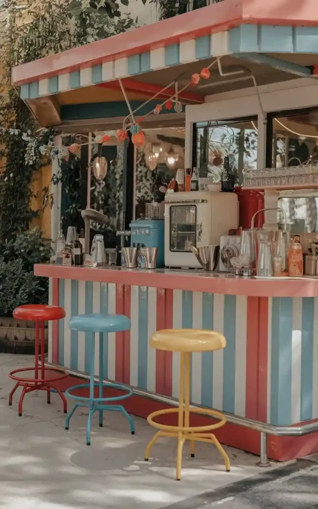 Colorful vintage retro bar with striped walls, bright stools, and retro appliances, creating a playful atmosphere.