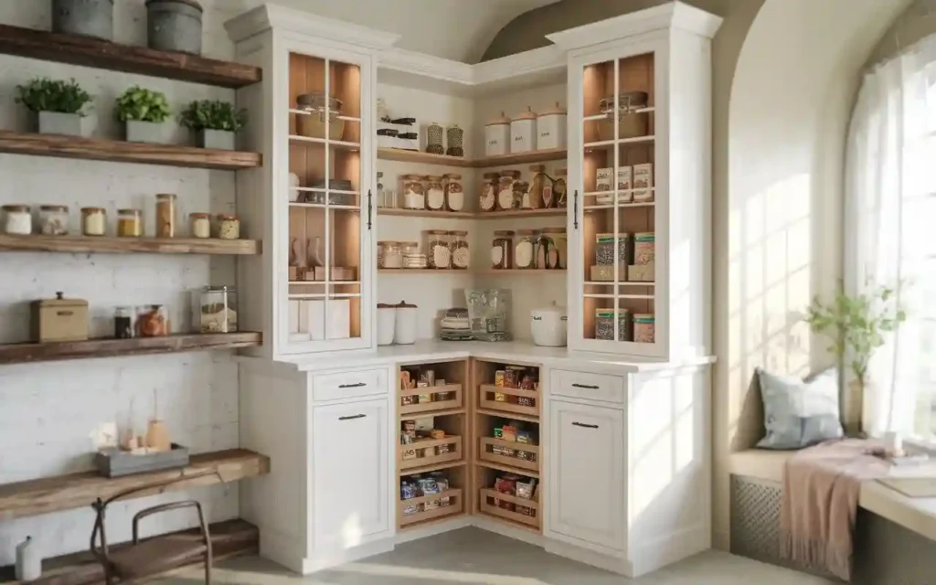 Corner pantry with white cabinetry, pull-out shelves, and decorative storage jars