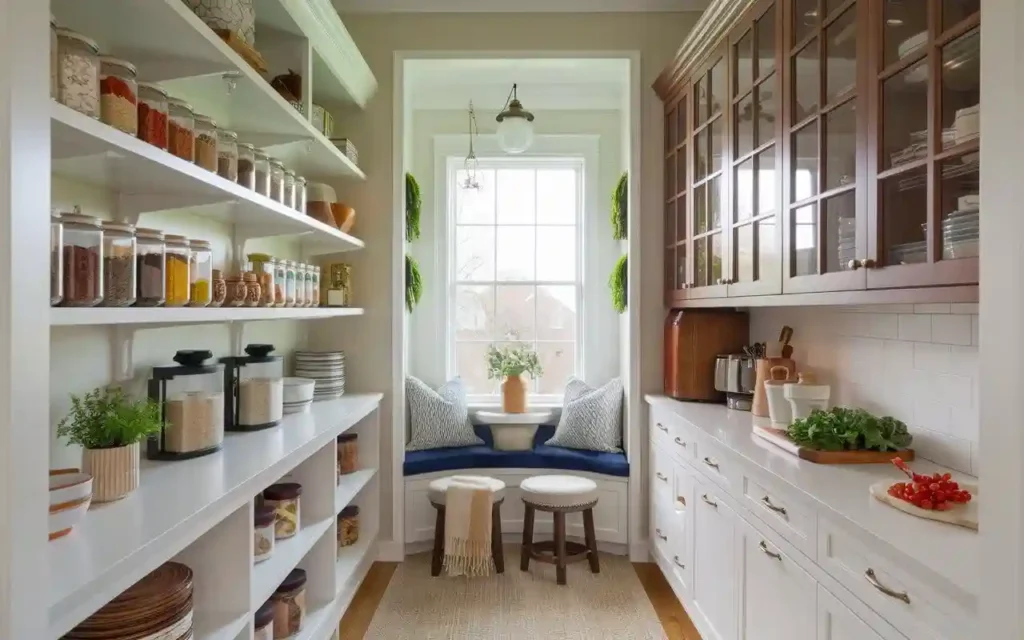 L-shaped pantry with open shelves, glass cabinets, and a cozy