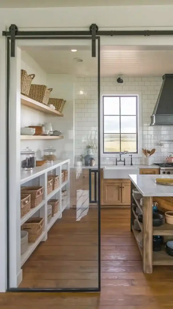 clear glass sliding doors design idea of pantry layout for your kitchen space