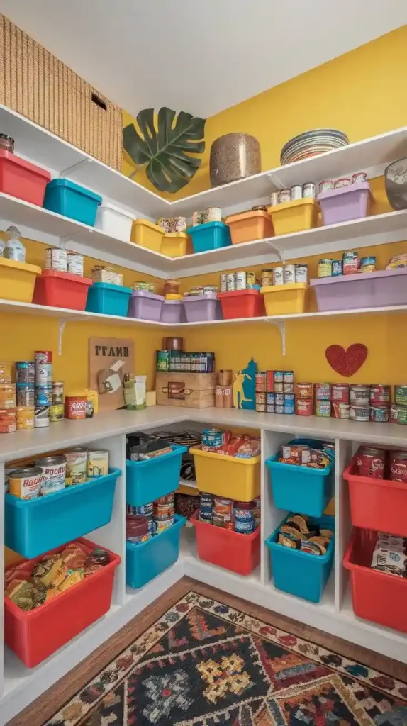 Bright and colorful L-shaped pantry with vibrant storage bins and canned goods.