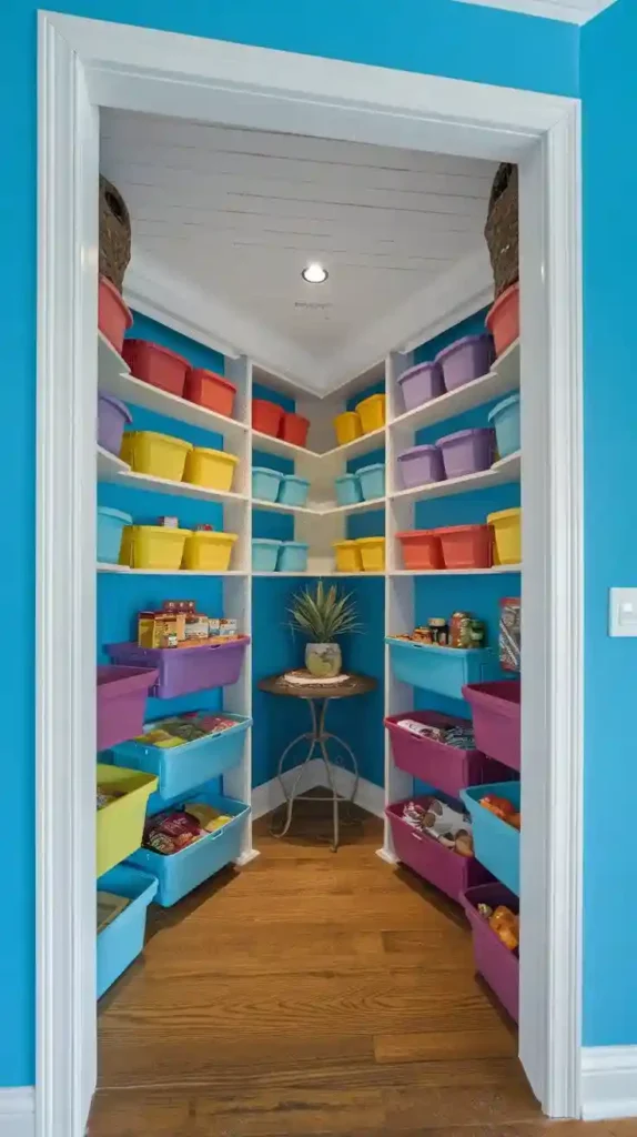 Bright and colorful walk-in pantry with labeled bins and vibrant accents