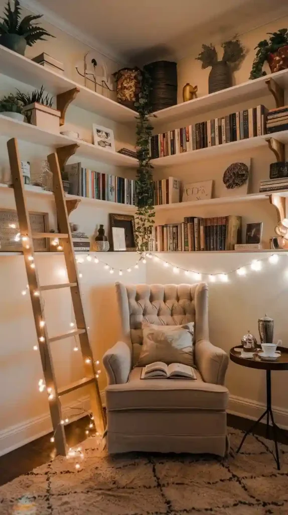 Cozy reading nook with bookshelves, a tufted armchair, and ambient string lights