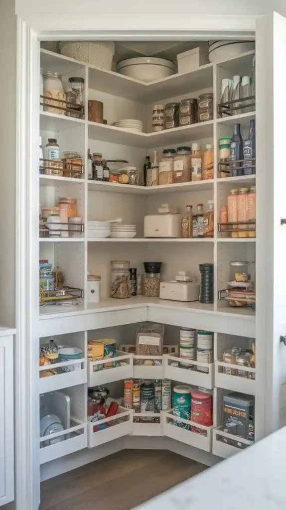 Corner walk-in pantry with custom built-in shelves and organized storage.