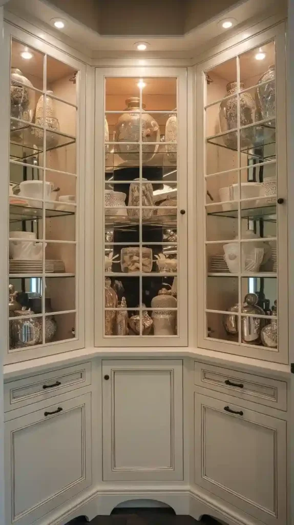 Elegant corner glass pantry cabinet showcasing decorative jars and dishes