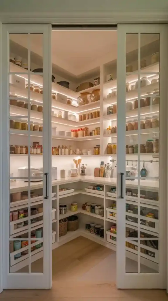 Sleek L-shaped pantry with glass doors, illuminated shelves, and organized storage jars