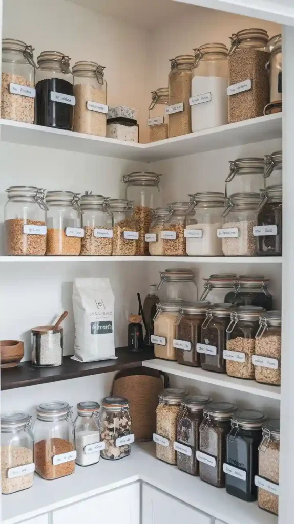 Glass jars arranged on pantry shelves, labeled for efficient storage