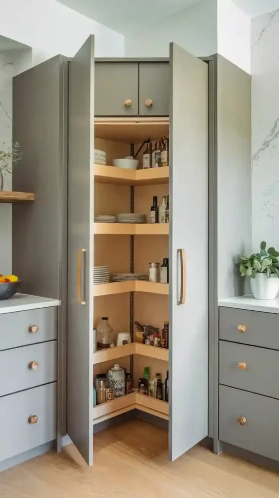 Stylish hidden pantry design with corner shelving and sleek cabinets