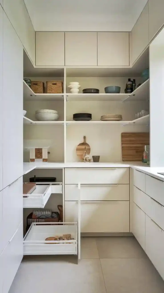 Modern L-shaped pantry with minimalist white cabinets, open shelving, and pull-out drawers