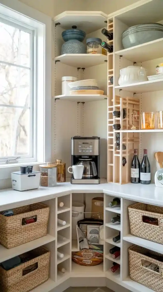 Multi-functional corner pantry with wine racks, baskets, and a coffee station.