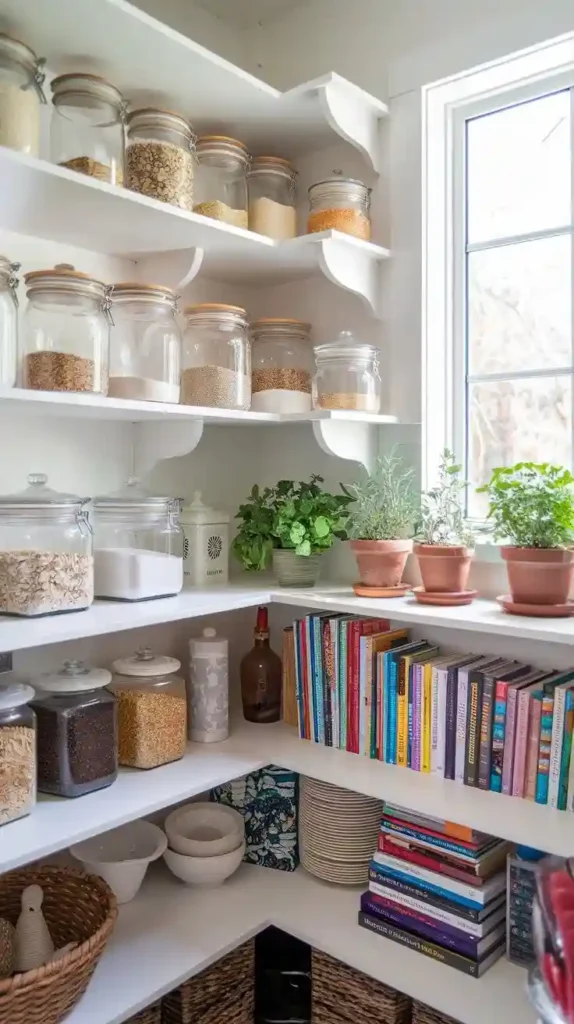 Open shelving design with jars, books, and potted herbs by a window.