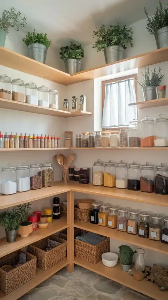 Open-shelving pantry with an L-shaped design, woven baskets, and organized glass containers