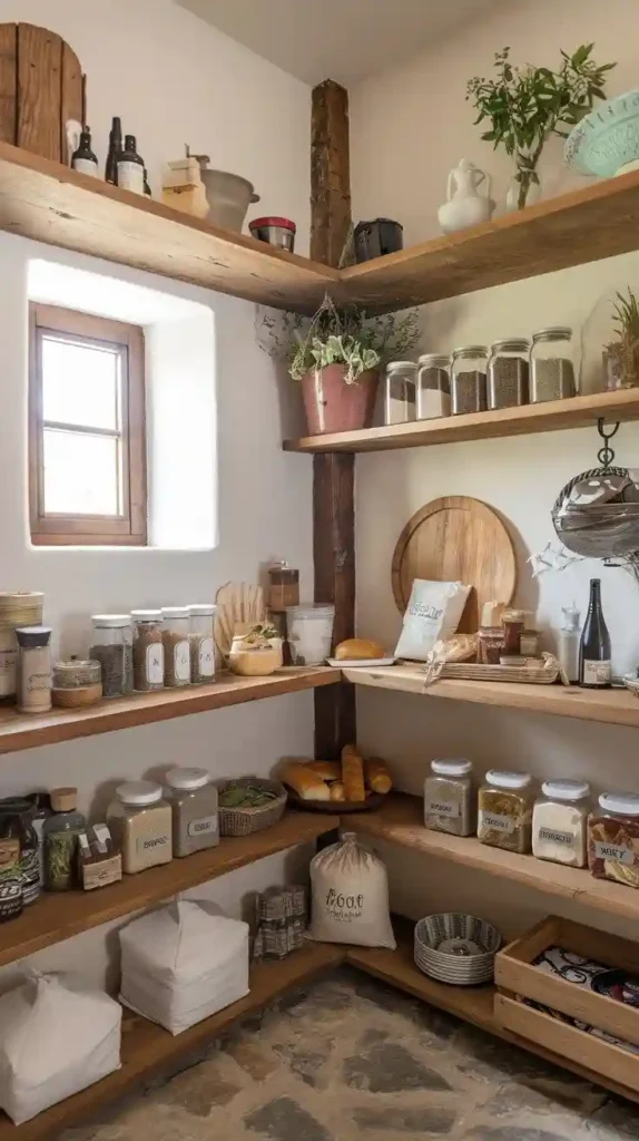 Rustic farmhouse-style L-shaped pantry with wooden shelves, glass jars, and natural decor