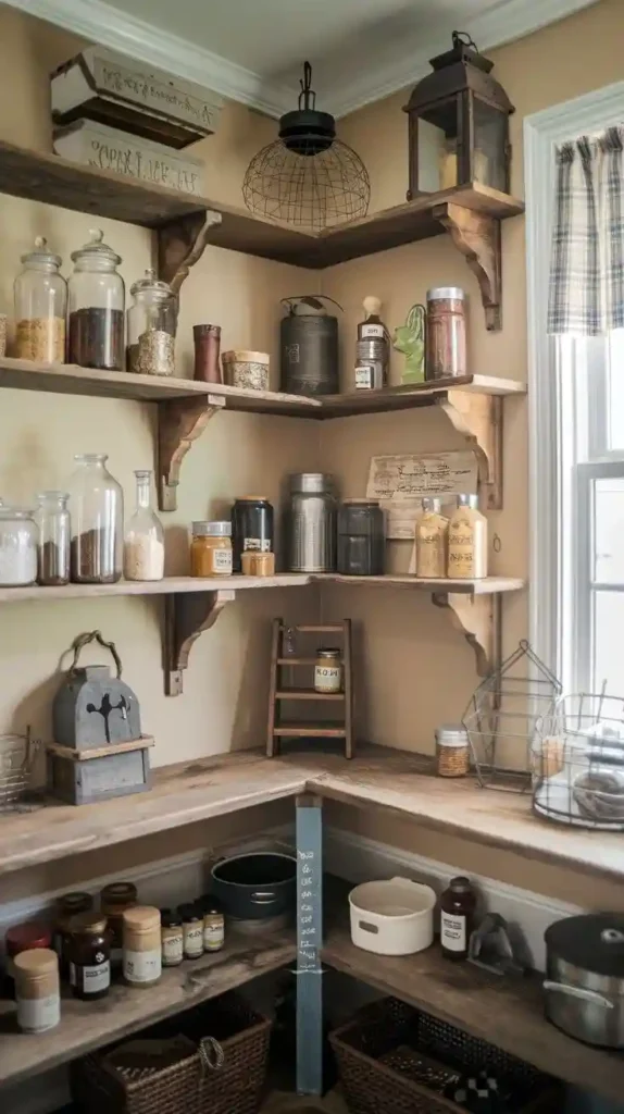 Rustic farmhouse pantry with wooden shelves and vintage storage jars