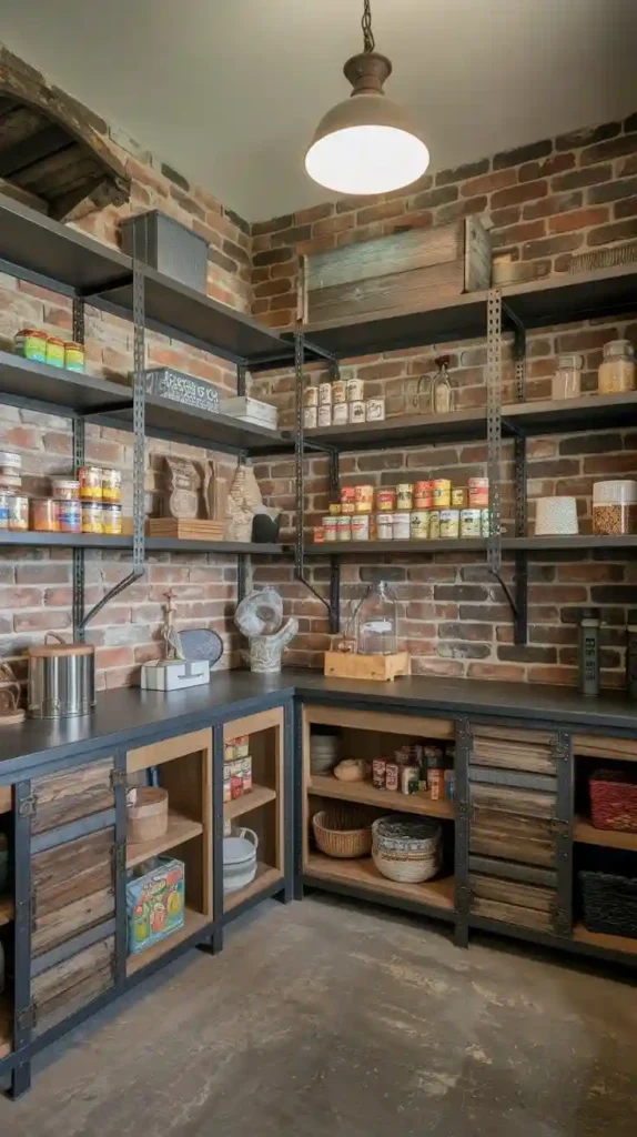 rustic industrial L-shaped pantry design idea