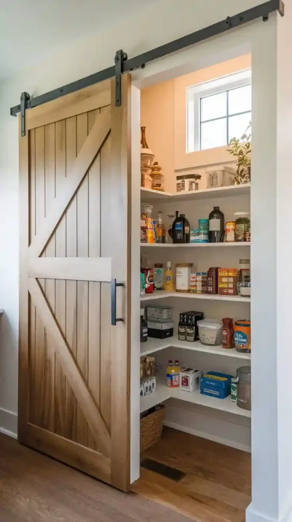 Sliding barn door pantry with white shelves and natural light