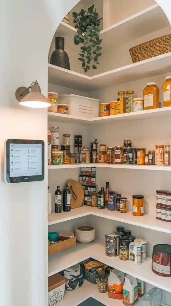 Smart pantry organization with open shelves, containers, and a digital inventory display