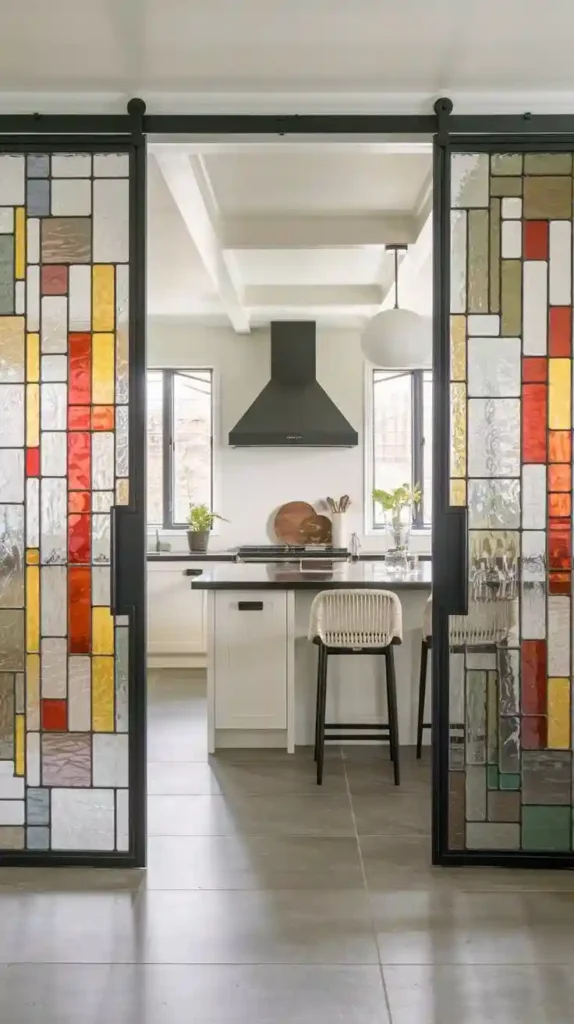 stained glass sliding doors design for kitchen space