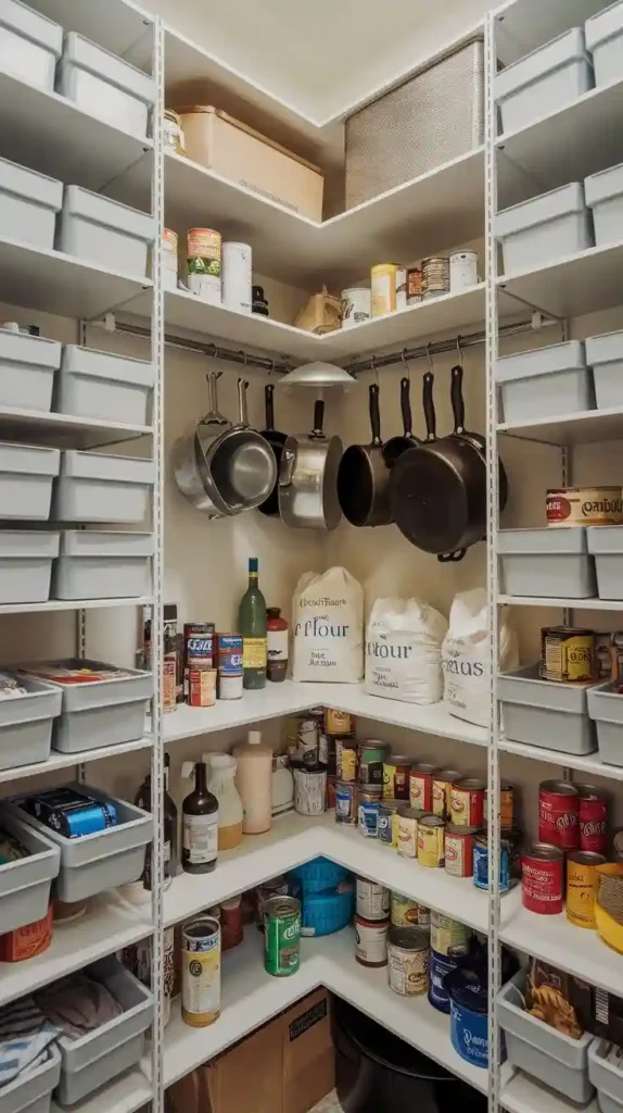  Vertical storage pantry with organized bins, shelves, and hanging cookware.