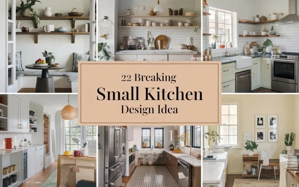 Collage of 22 small kitchen design ideas showcasing modern, cozy, and space-saving inspirations