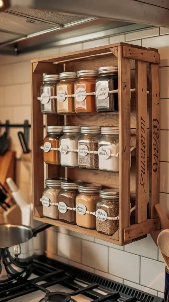 DIY rustic wooden spice rack with mason jars in kitchen