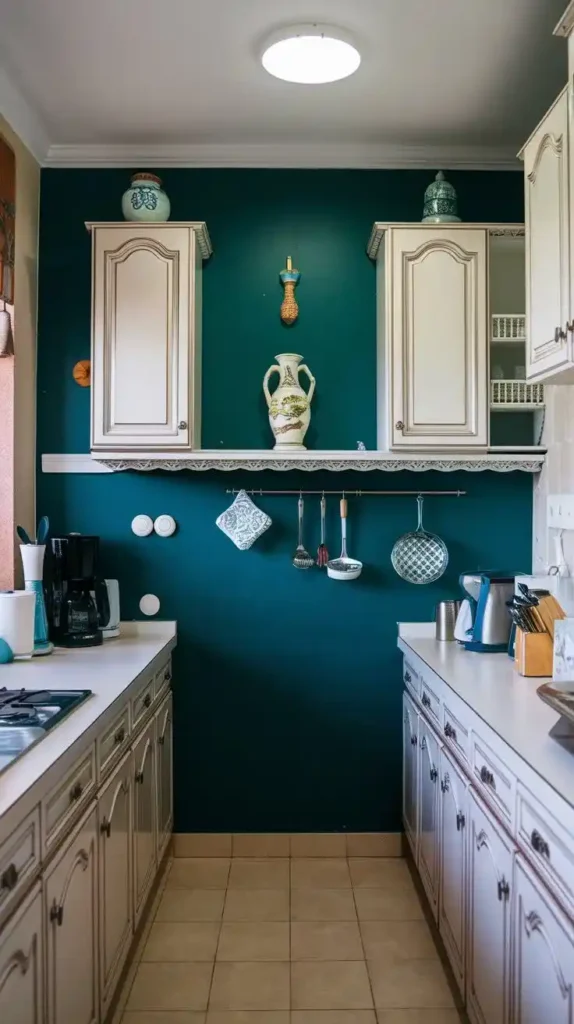 Small kitchen with a deep teal accent wall, classic white cabinetry, and decorative elements