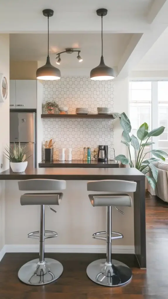 Galley kitchen with a modern breakfast bar and geometric wall tiles