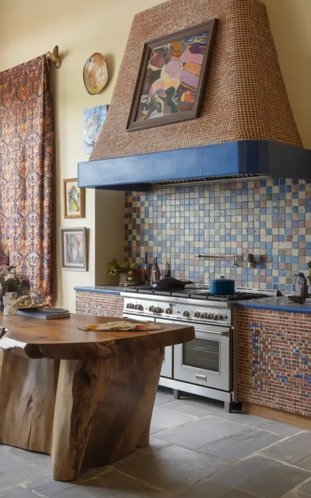 Artistic open kitchen with a mosaic tile backsplash, bold blue range hood, and a natural wood slab dining table