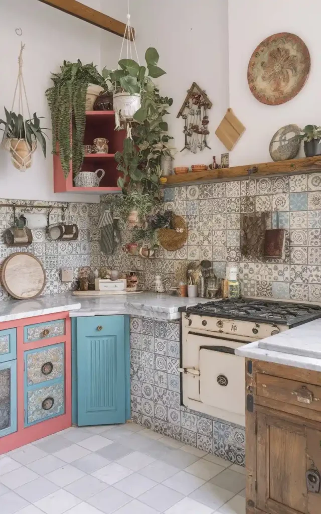 Bohemian open kitchen with colorful cabinets, vintage tiles, hanging plants, and rustic decor