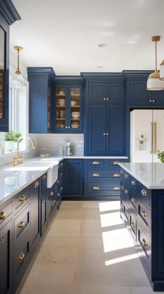 Modern navy blue kitchen cabinets with gold hardware