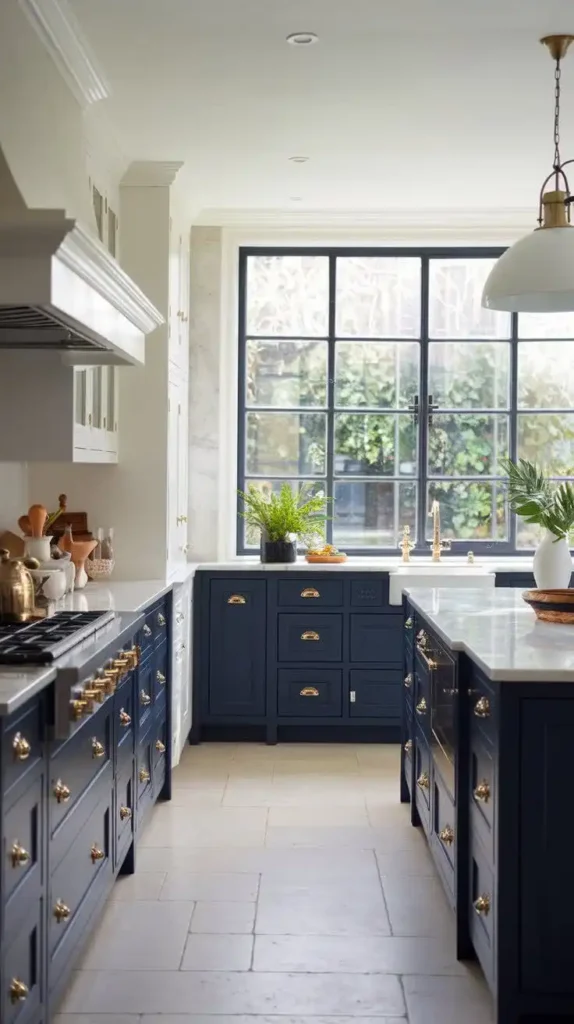 Galley kitchen with navy blue cabinetry, gold hardware, and large windows