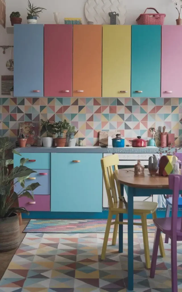 Bright and colorful open  kitchen design with multicolored cabinets, geometric tile backsplash, and vibrant furniture