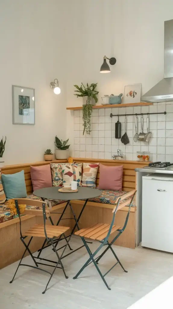 Cozy modern kitchen with built-in seating and colorful cushions