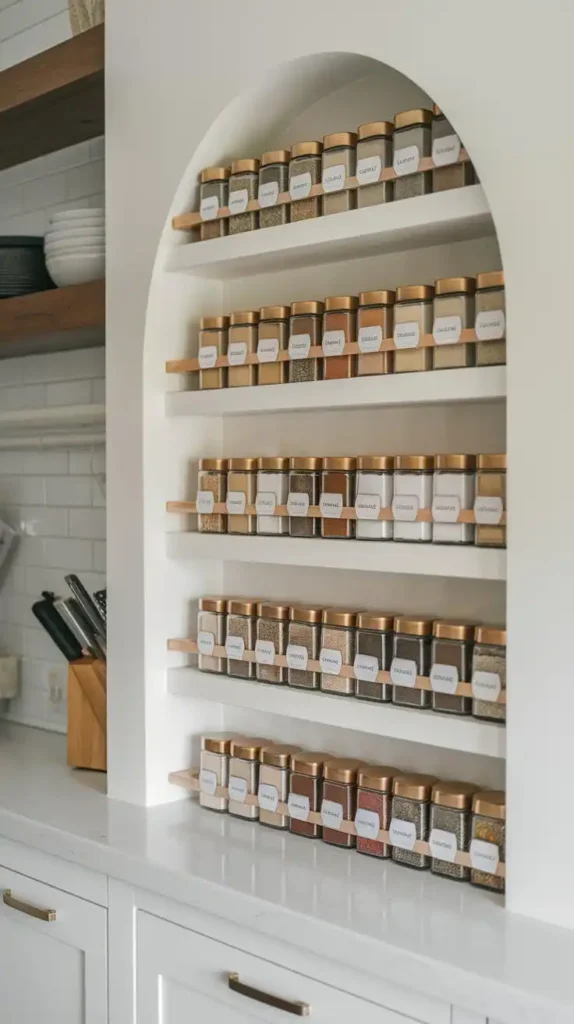 White built-in spice rack with neatly arranged labeled jars