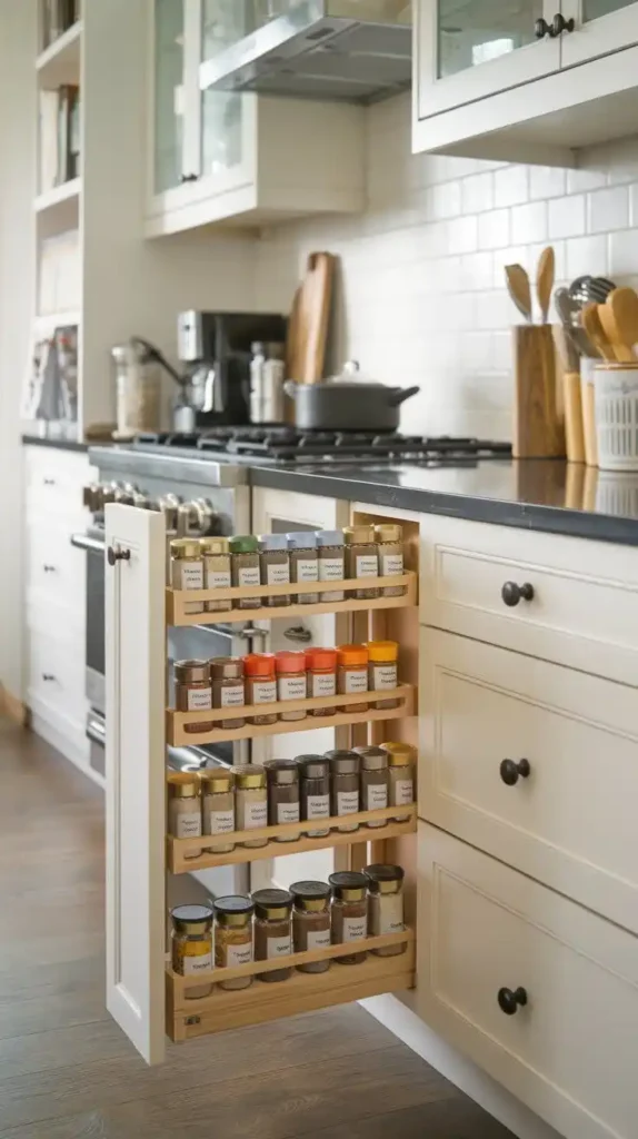 Galley kitchen with a built-in spice rack and modern appliances