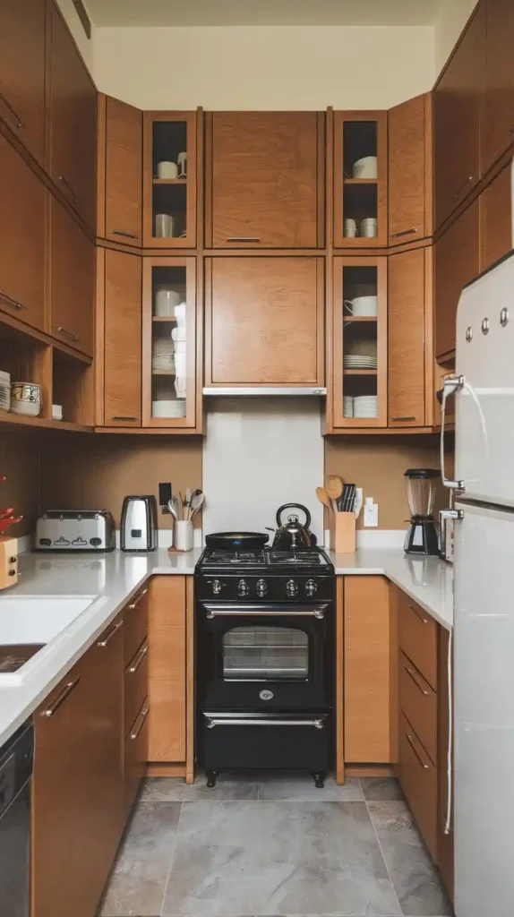 Warm-toned small kitchen with built-in storage cabinets and smart organization